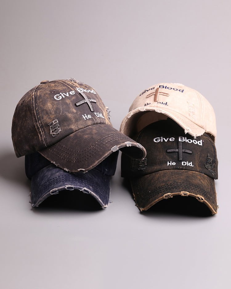 Distressed 'Give Blood He Did' Baseball Cap with Cross Design – Streetwear Style