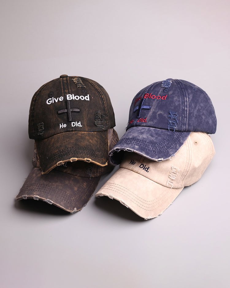 Distressed 'Give Blood He Did' Baseball Cap with Cross Design – Streetwear Style