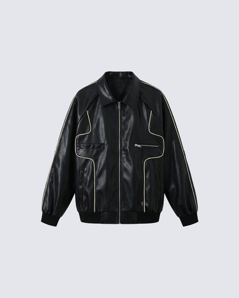 Vintage-Inspired Faux Leather Bomber Jacket