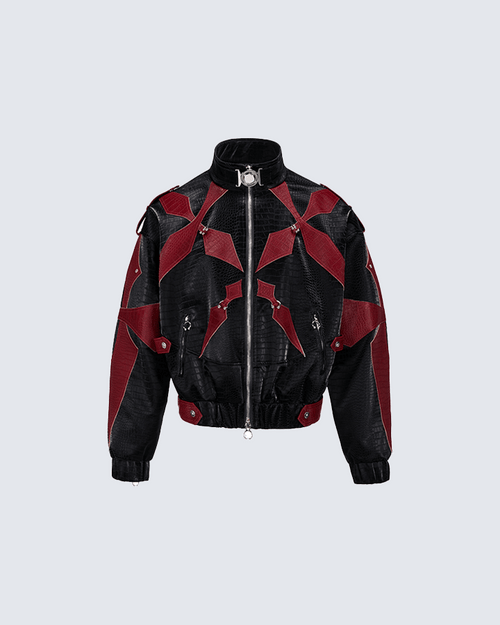 Black and Red Crocodile-Patterned Leather Patchwork Jacket