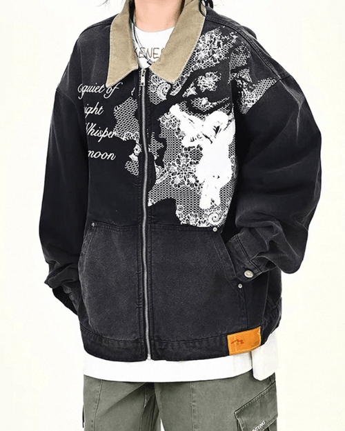 Angel Graphic Embroidered Vintage Washed Jacket