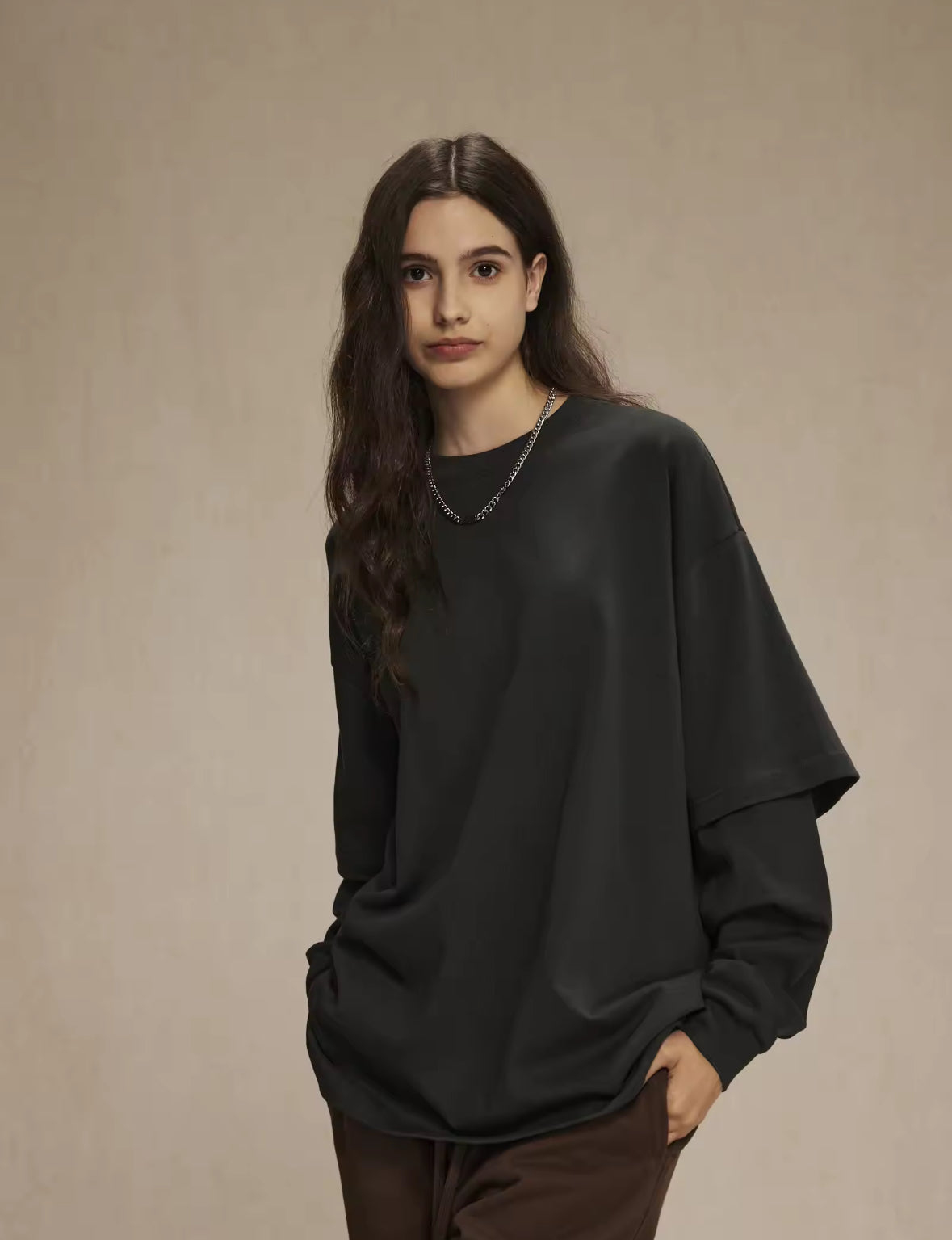 Faded Black Double Layered Long Sleeve Shirt