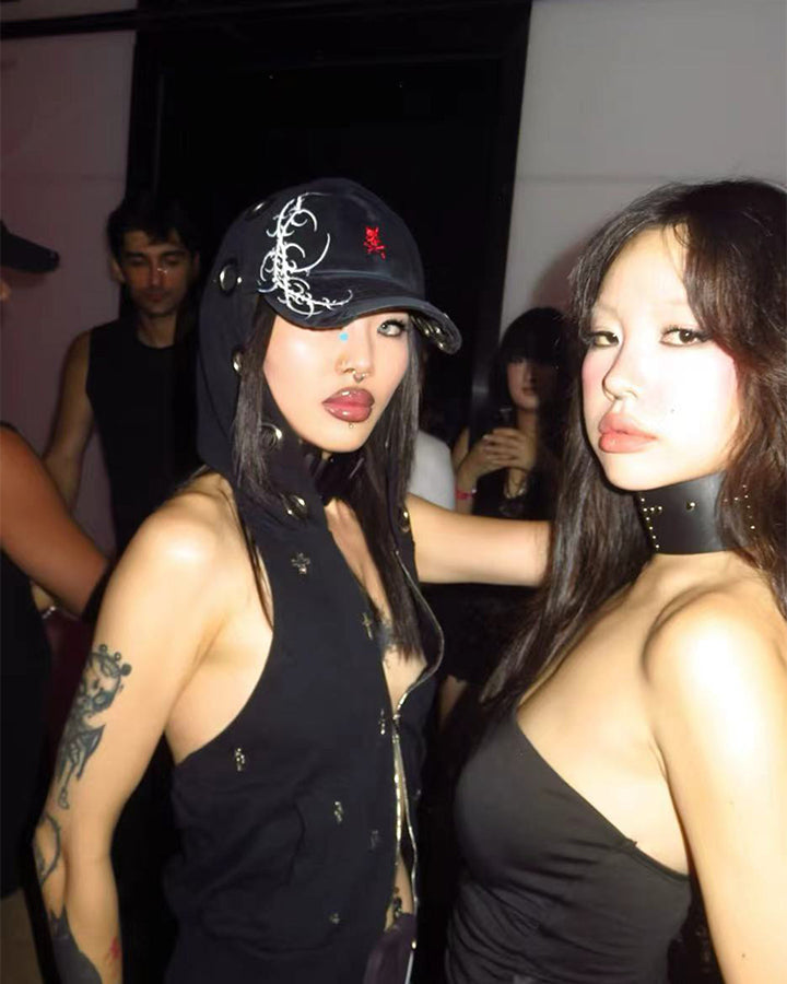 Gothic Skull Embroidered Distressed Baseball Cap