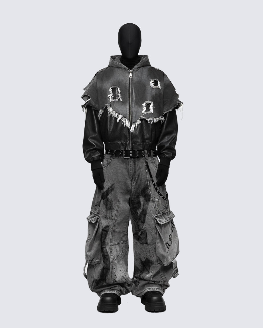 Deconstructed Layered Distressed Leather Jacket