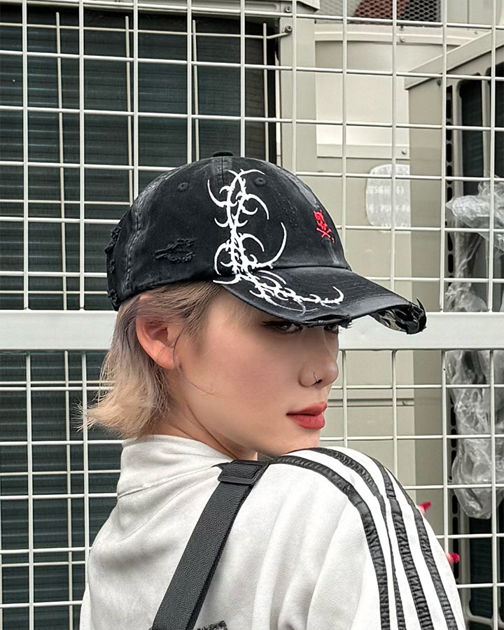 Gothic Skull Embroidered Distressed Baseball Cap