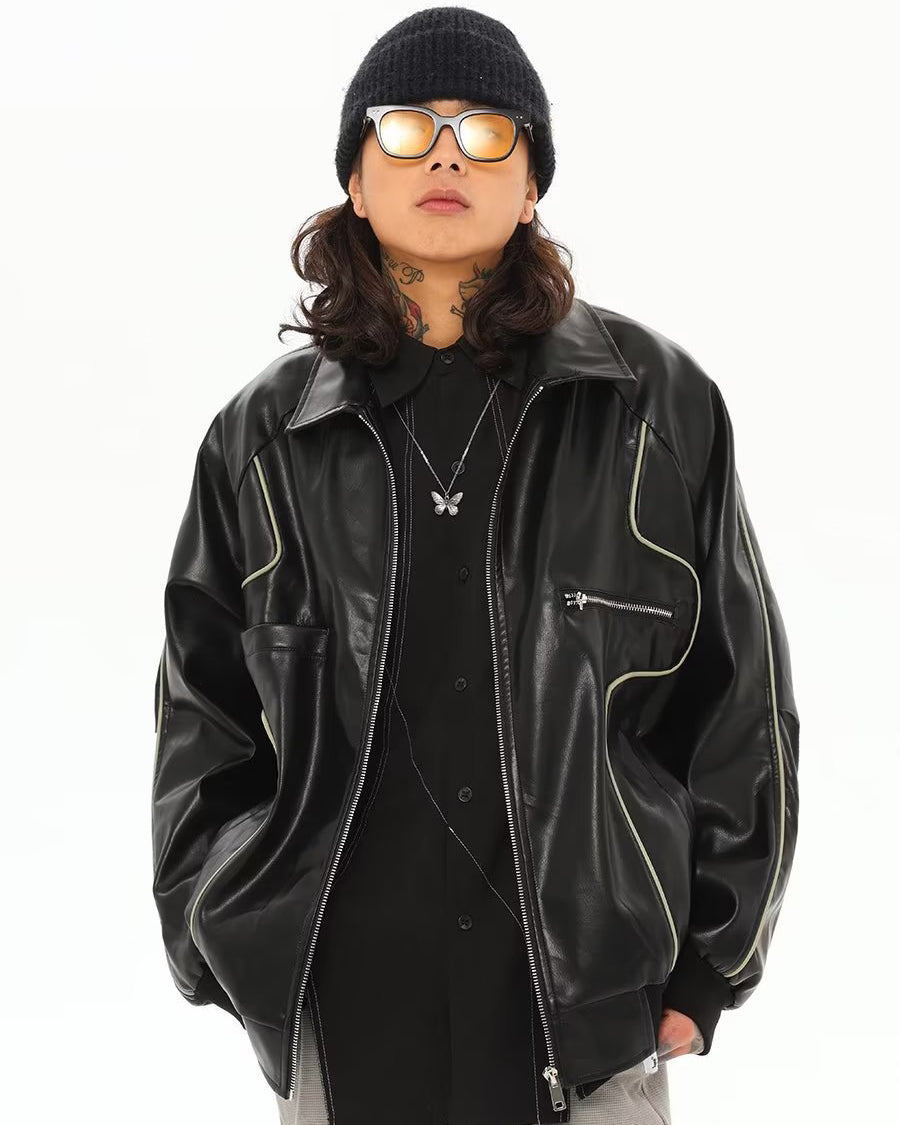 Vintage-Inspired Faux Leather Bomber Jacket