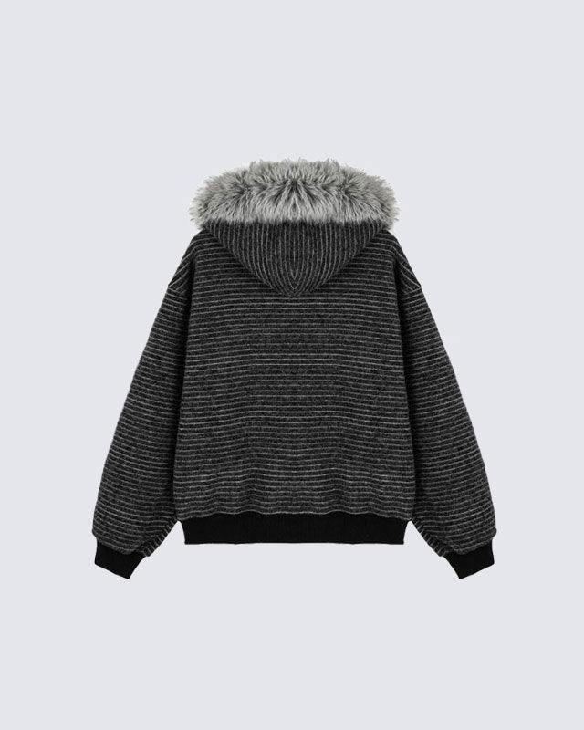 Striped Hoodie Jacket with Fur Trim