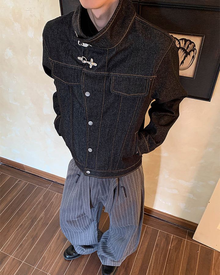 Stand Collar Buckle Denim Jacket