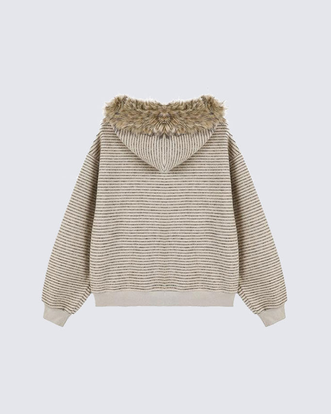 Striped Hoodie Jacket with Fur Trim