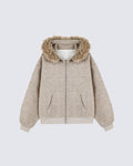 Striped Hoodie Jacket with Fur Trim