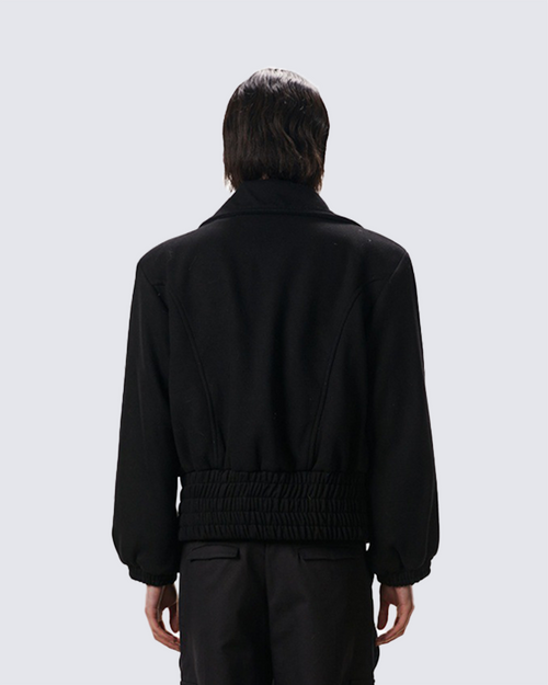 Black Wool-Blend Structured Zip-Up Jacket