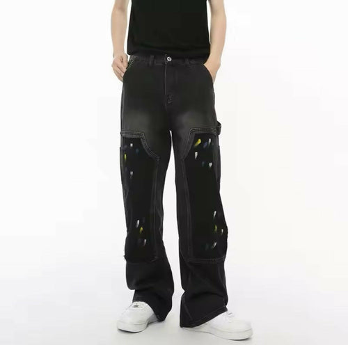 Black Paint Splatter Double Knee Wide Leg Jeans