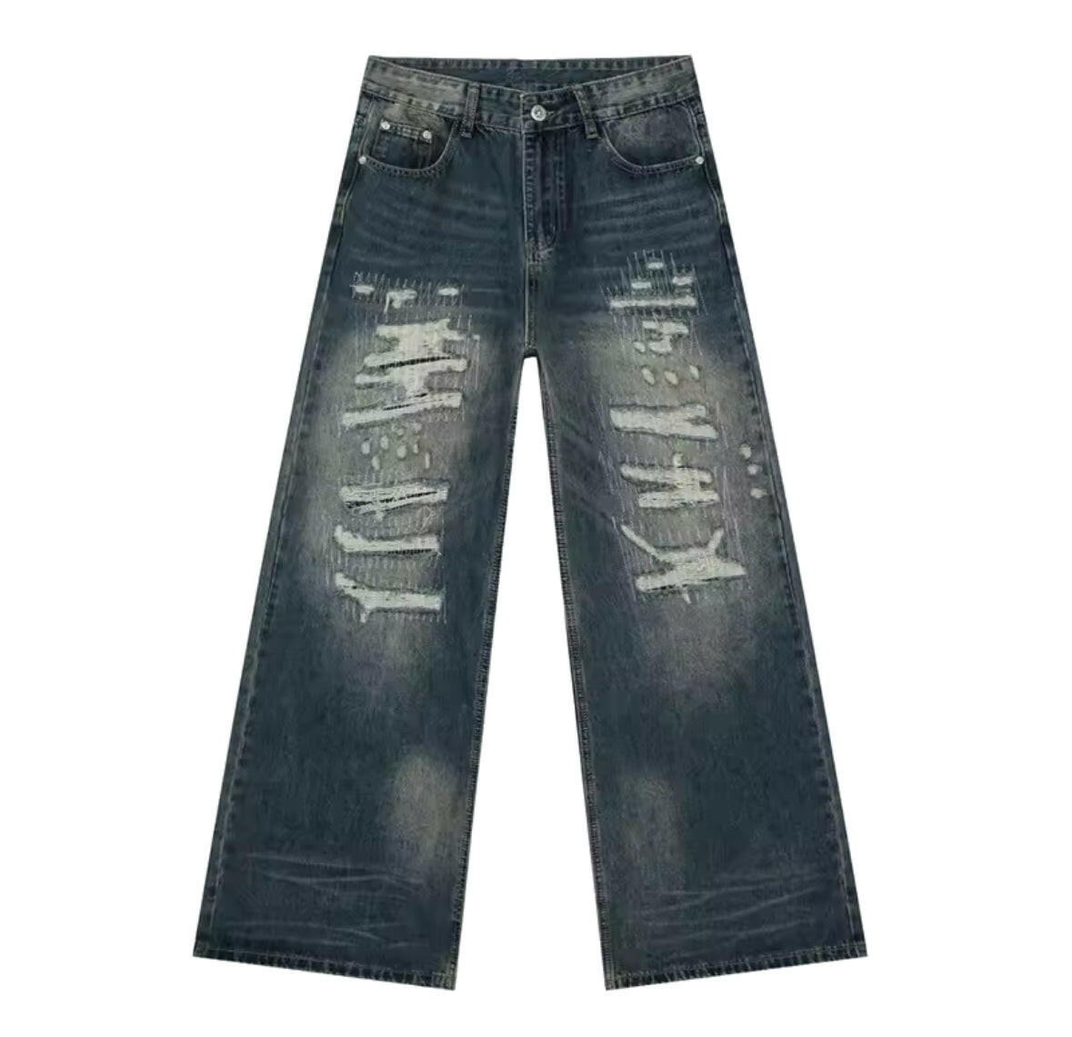 Distressed Navy Desert Wash Baggy Jeans