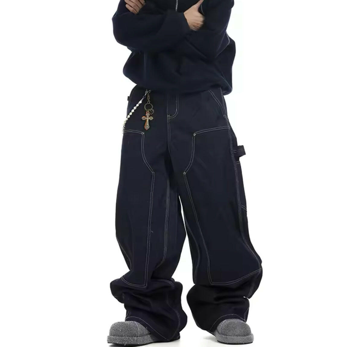 Raw Denim Double Knee Carpenter Baggy Jeans