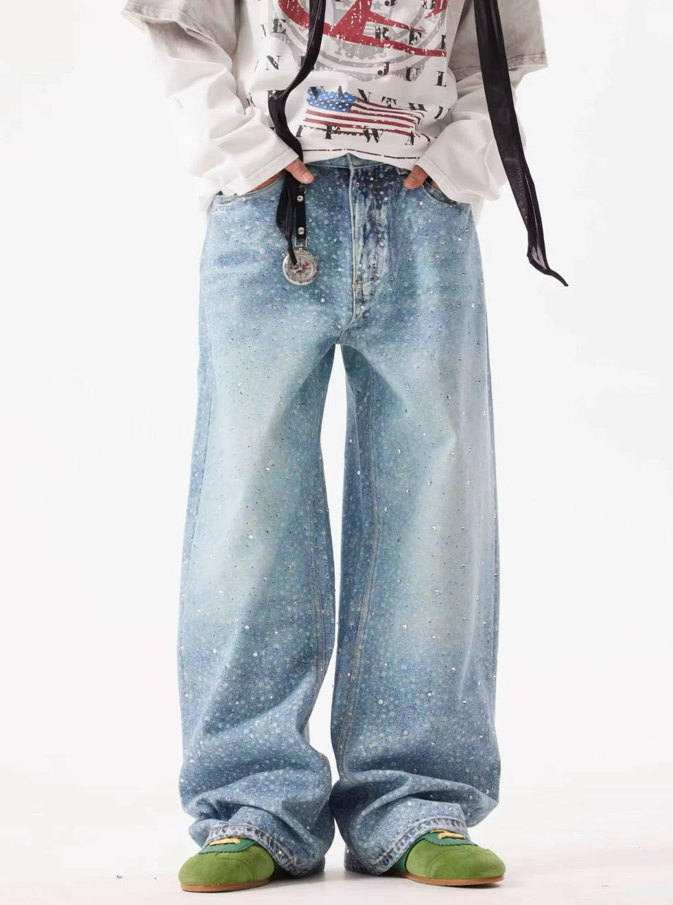 Blue Rhinestone Baggy Jeans