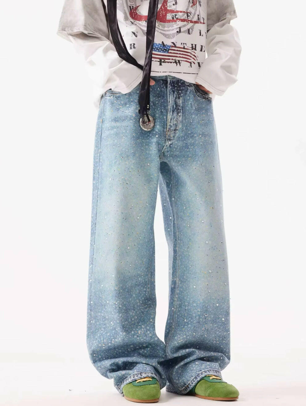 Blue Rhinestone Baggy Jeans