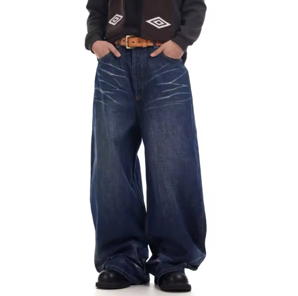 Whiskered Navy Blue Baggy Jeans