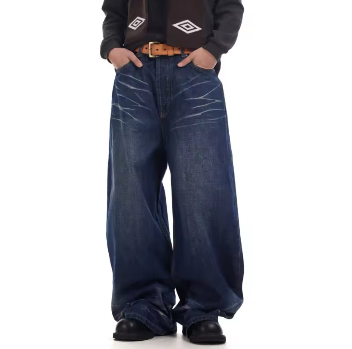 Whiskered Navy Blue Baggy Jeans