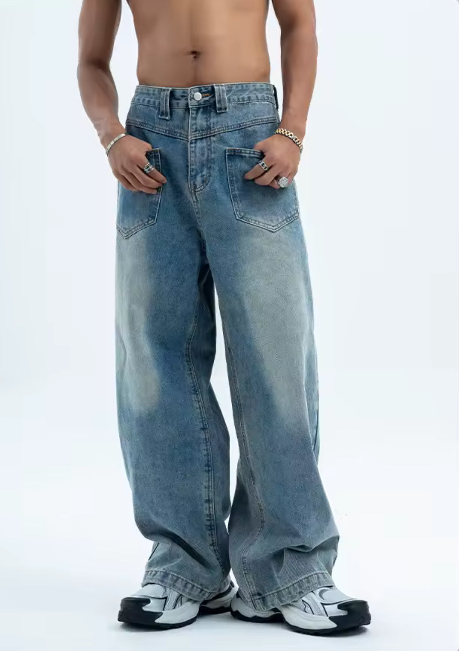 Faded Blue Reverse Pocket Baggy Jeans