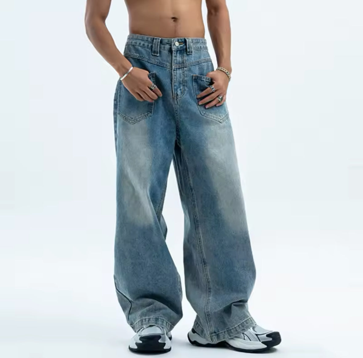 Faded Blue Reverse Pocket Baggy Jeans