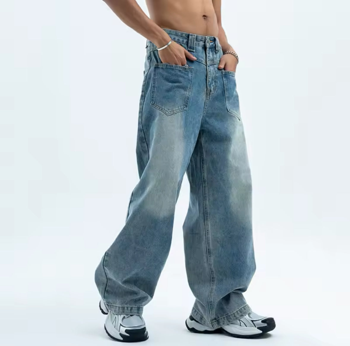 Faded Blue Reverse Pocket Baggy Jeans