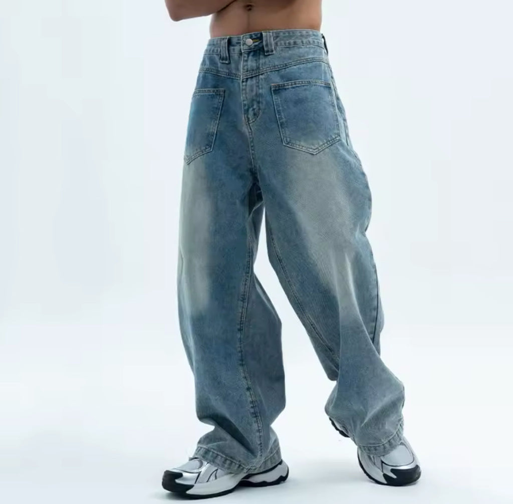 Faded Blue Reverse Pocket Baggy Jeans