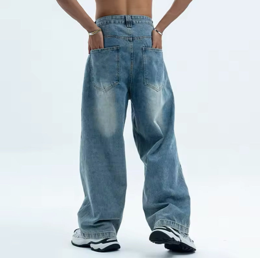 Faded Blue Reverse Pocket Baggy Jeans