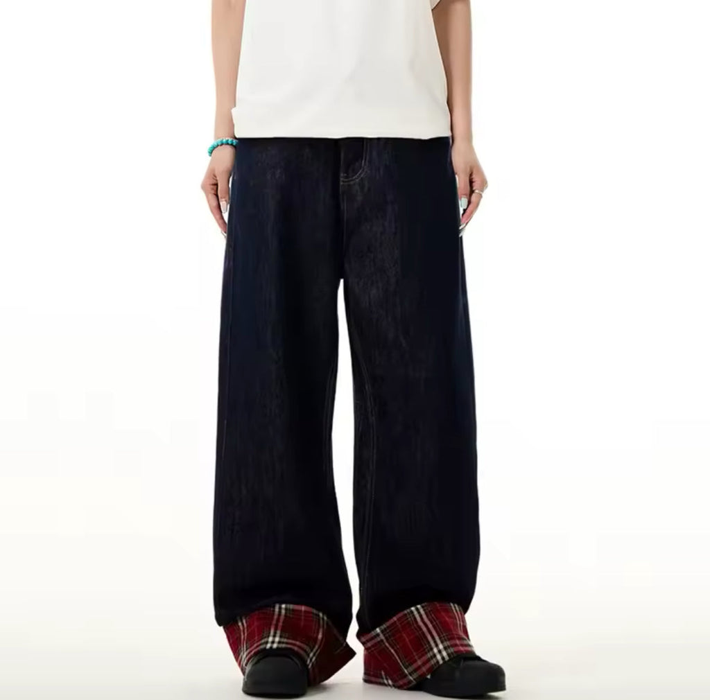 Plaid & Raw Denim Baggy Jeans