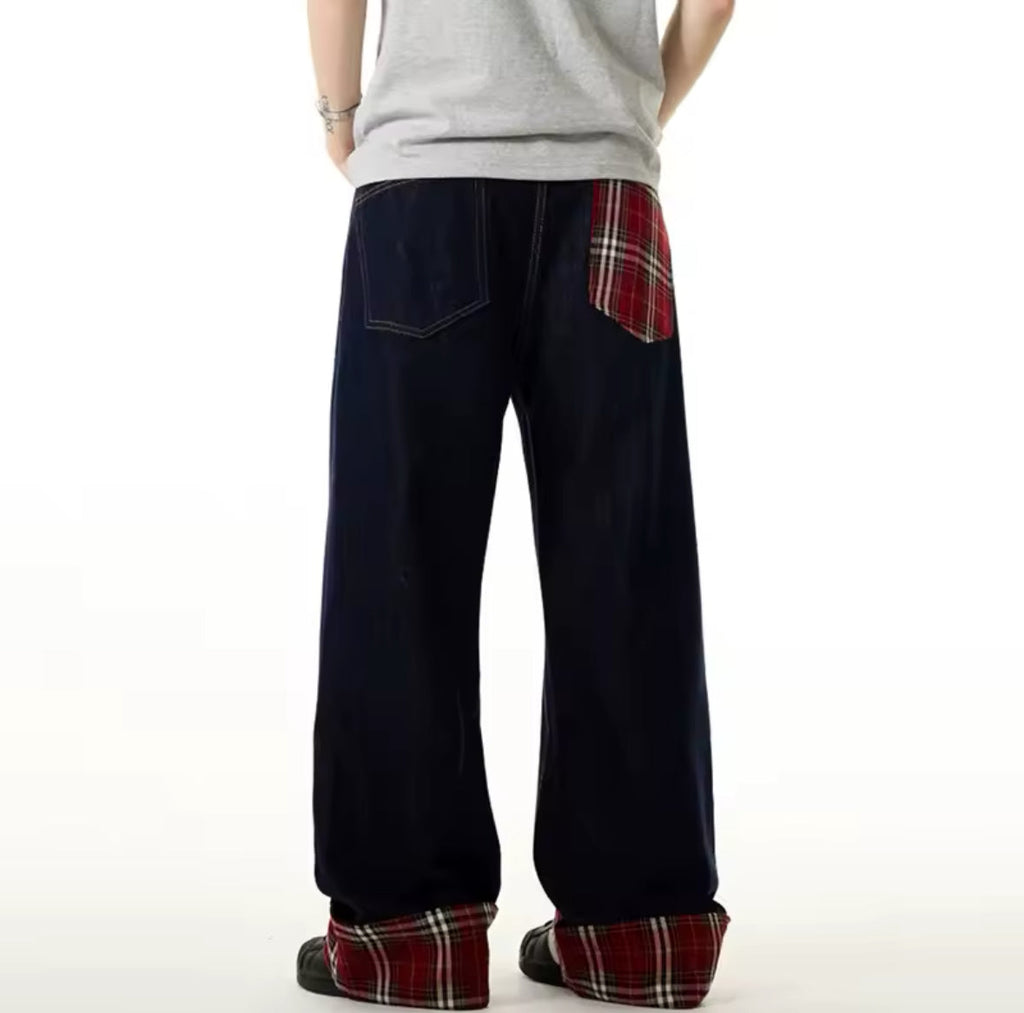 Plaid & Raw Denim Baggy Jeans