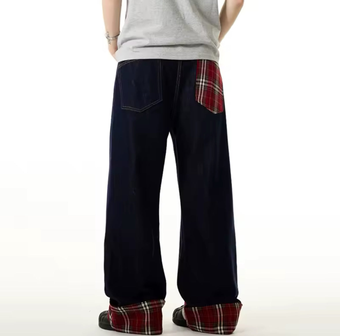 Plaid & Raw Denim Baggy Jeans