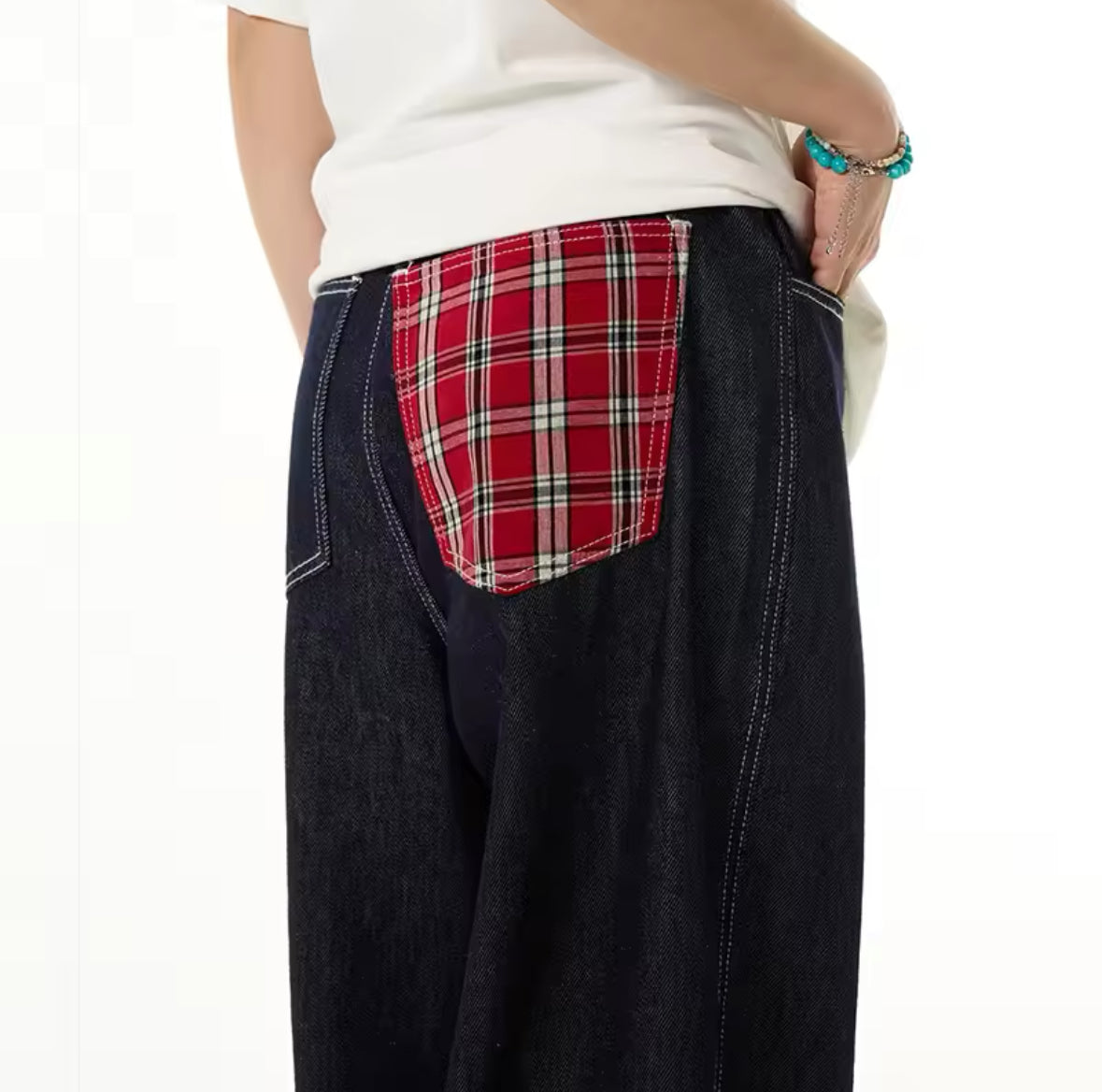 Plaid & Raw Denim Baggy Jeans
