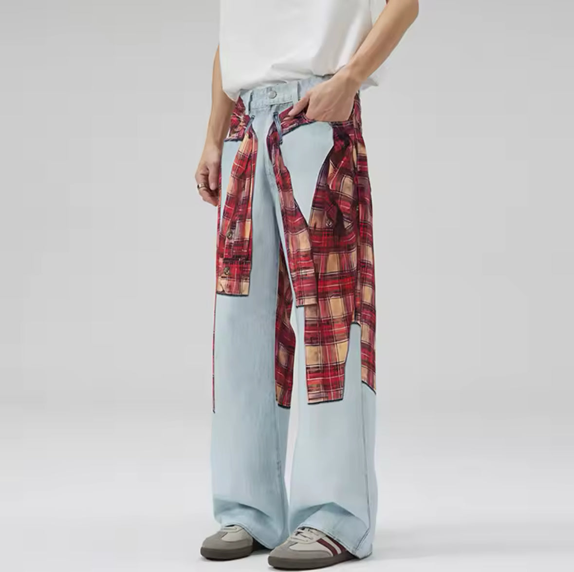 Flannel Graphic Blue Wide Leg Jeans