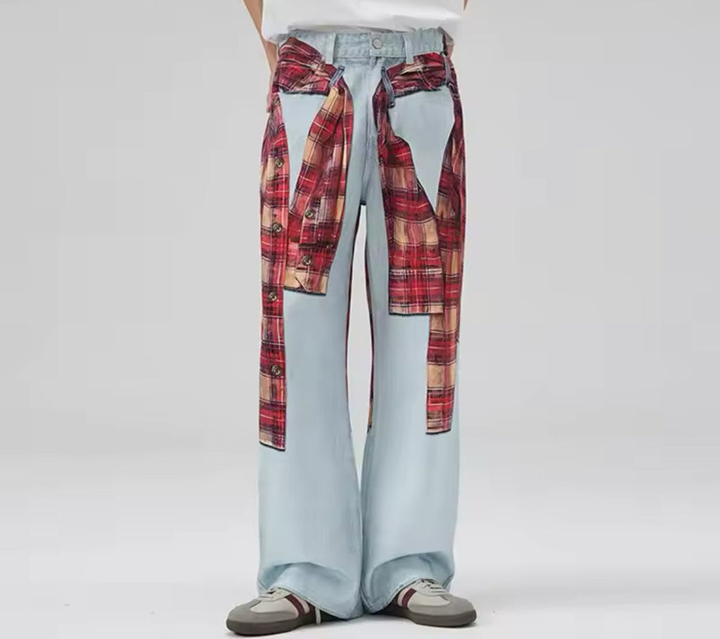 Flannel Graphic Blue Wide Leg Jeans