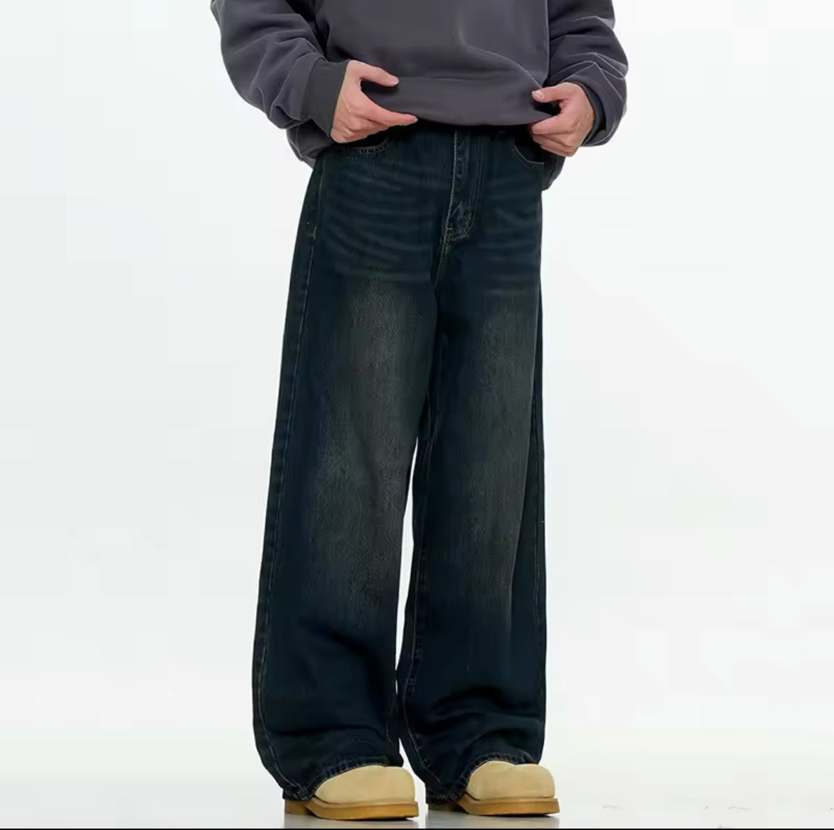 Leather Pocket Navy Baggy Jeans