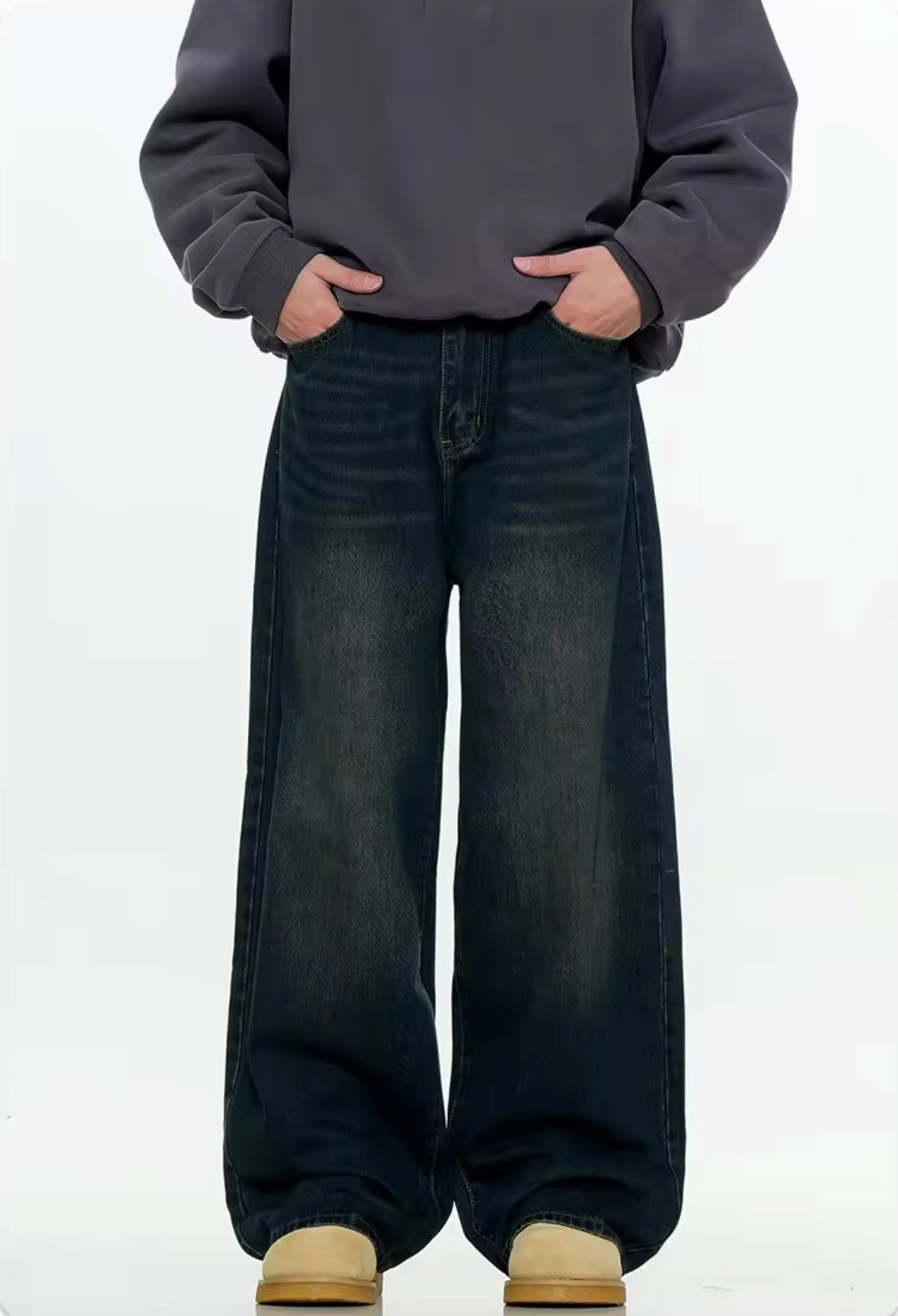 Leather Pocket Navy Baggy Jeans