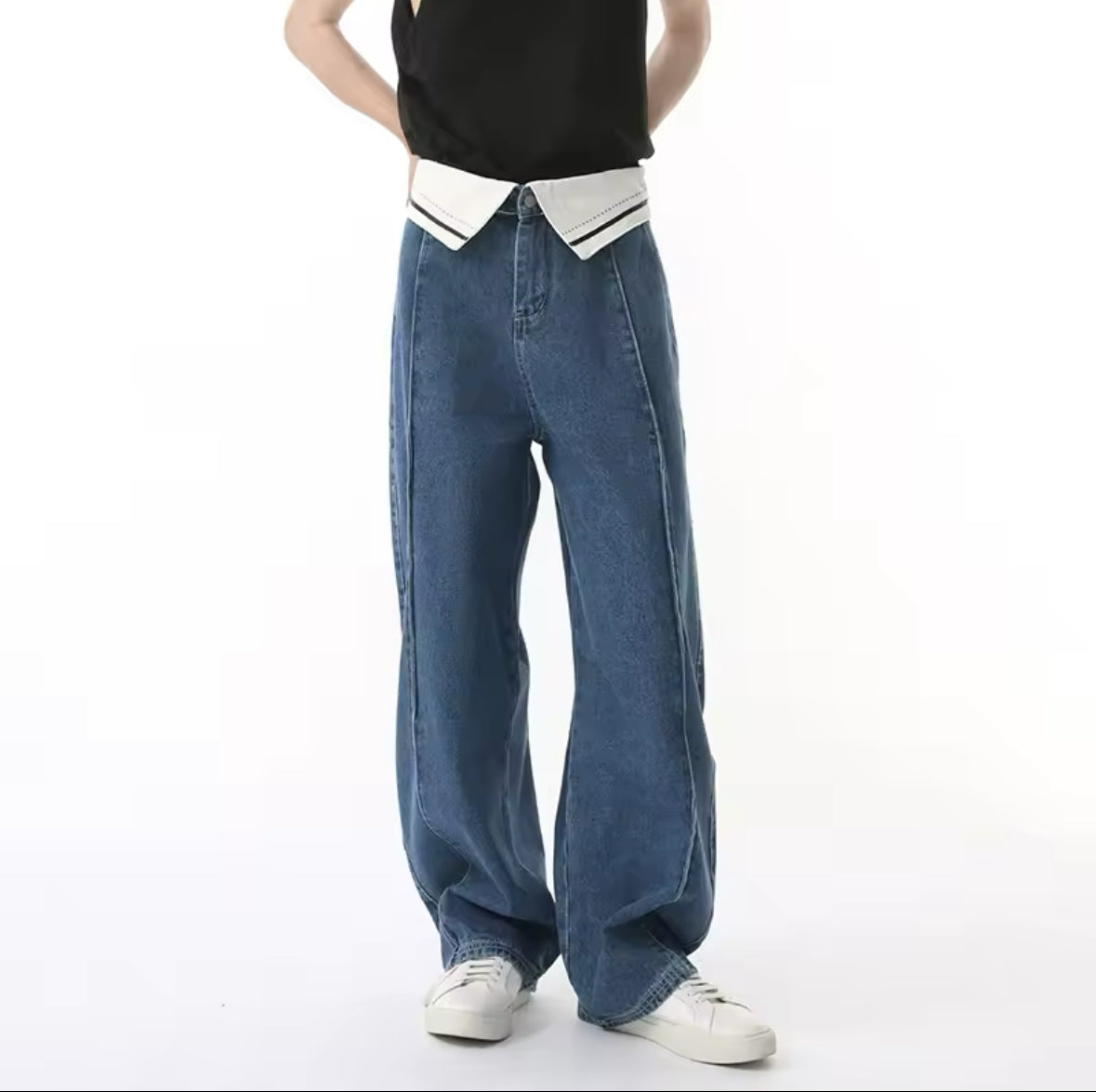 Blue Foldover Baggy Jeans