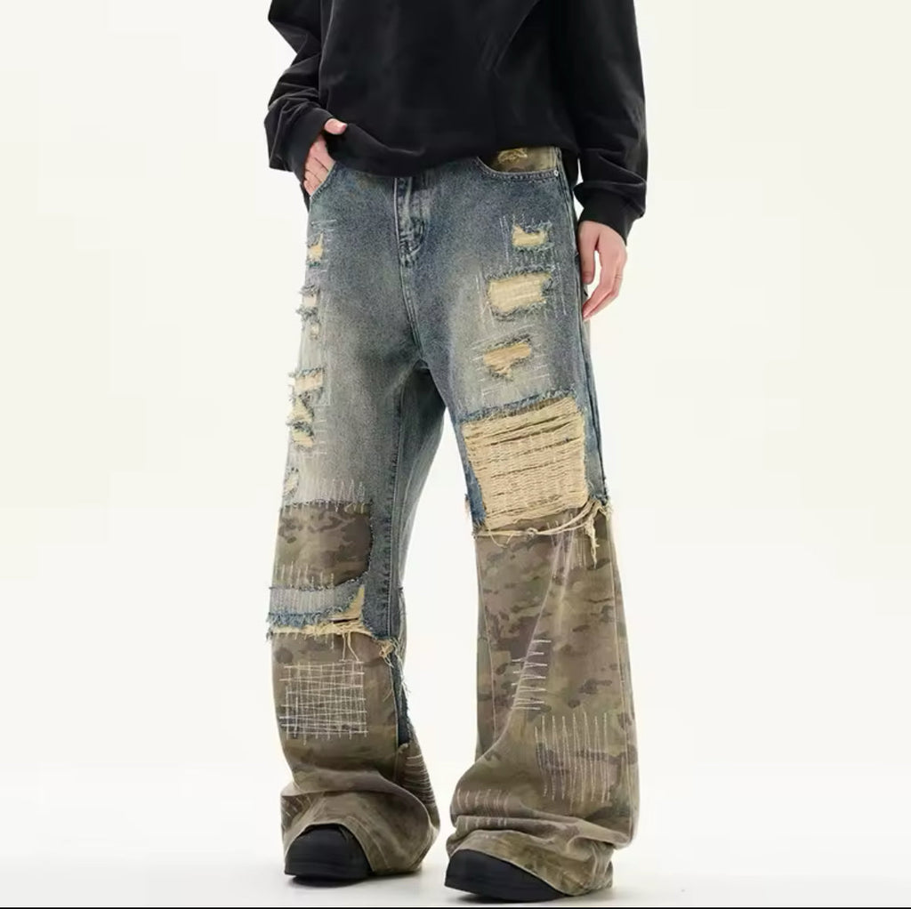 Blue to Camo Distressed Baggy Jeans