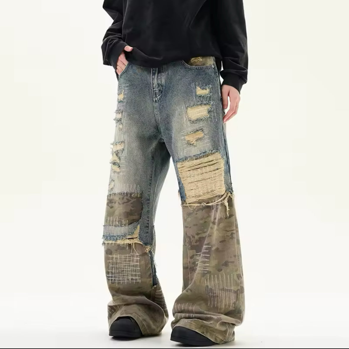 Blue to Camo Distressed Baggy Jeans