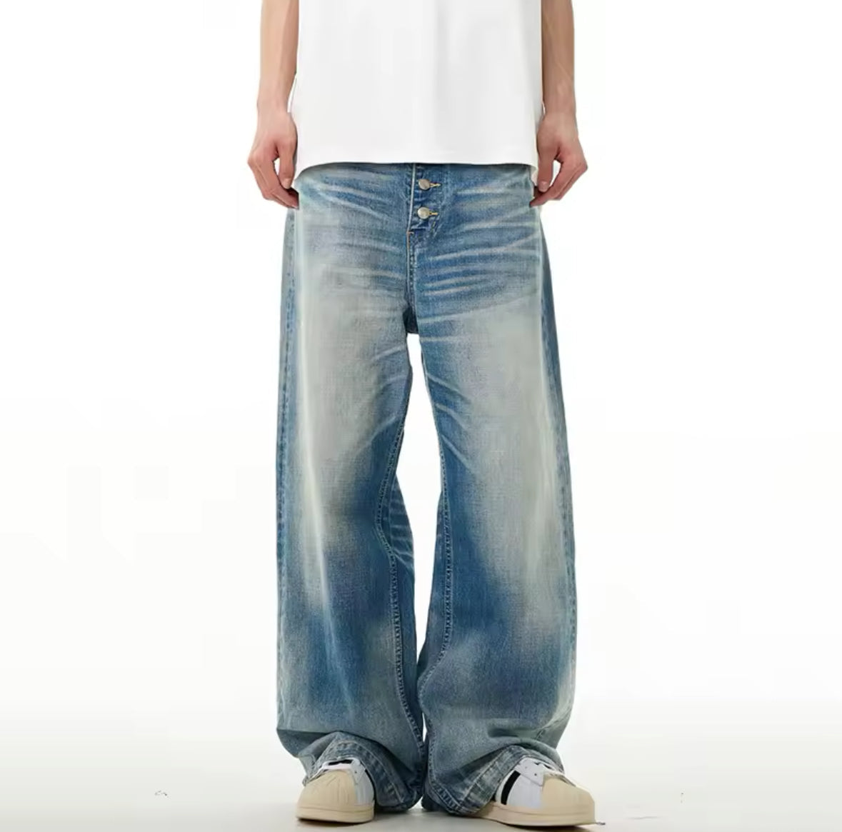 Faded Blue Button Fly Baggy Jeans