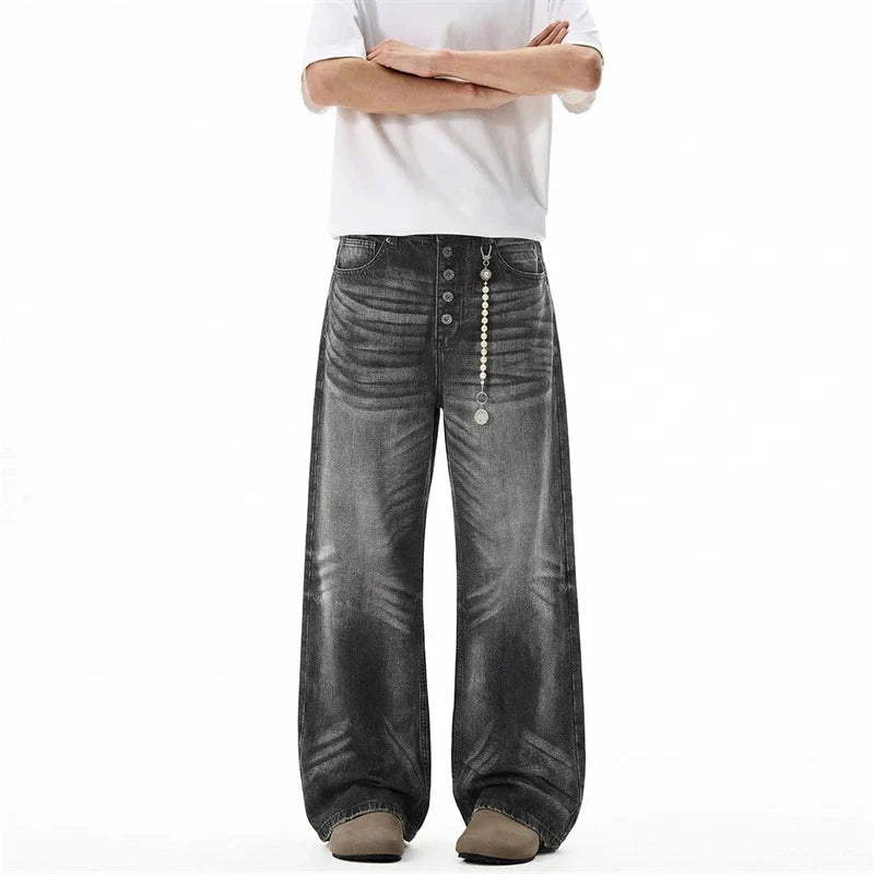 Faded Black Button Fly Baggy Jeans
