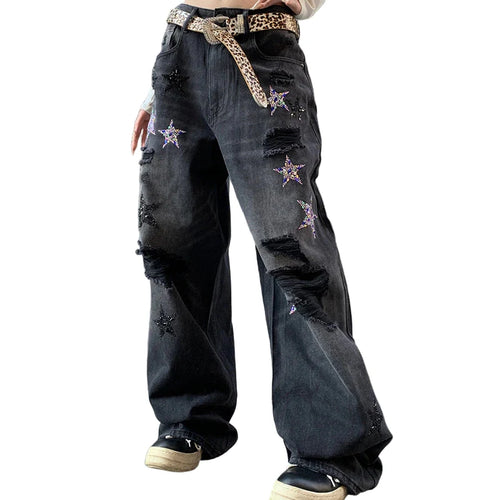 Black Embroidered Star Baggy Jeans