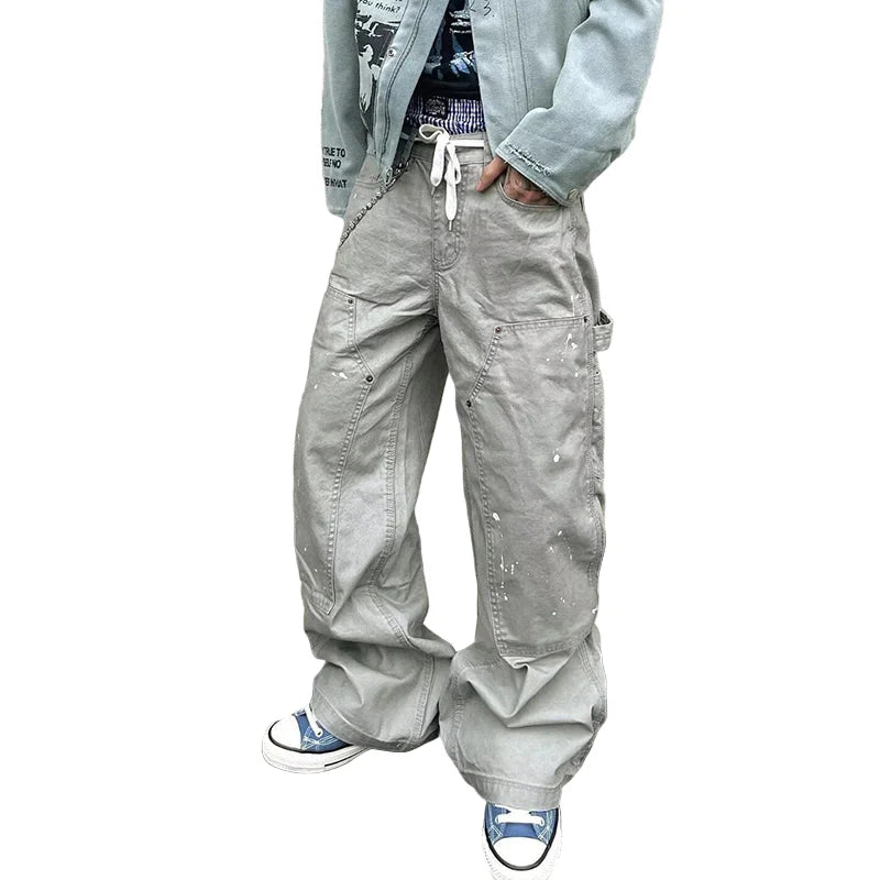 Gray Double Knee Paint-Splattered Carpenter Baggy Jeans
