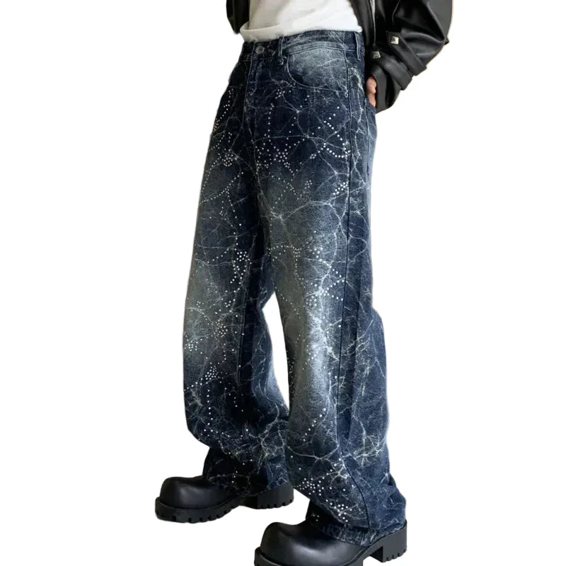 Blue Lightning Wash w/ Rhinestones Baggy Jeans