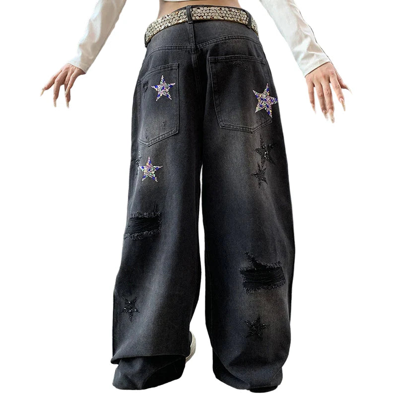 Black Embroidered Star Baggy Jeans