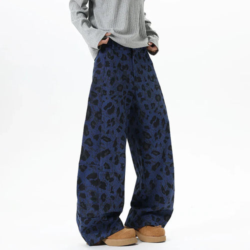 Blue Leopard Print Baggy Jeans