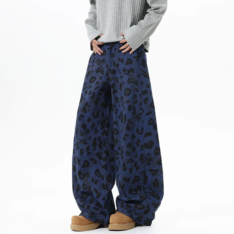 Blue Leopard Print Baggy Jeans