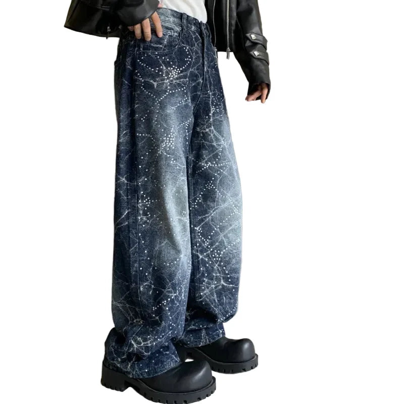 Blue Lightning Wash w/ Rhinestones Baggy Jeans