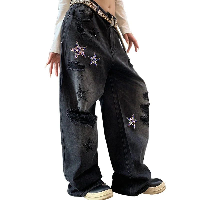 Black Embroidered Star Baggy Jeans