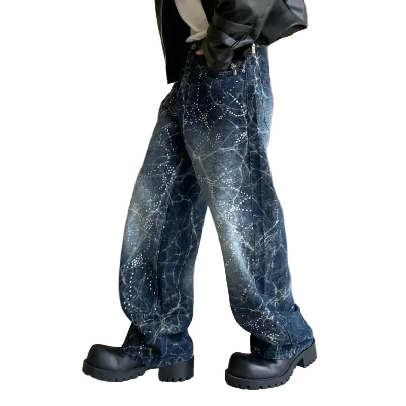 Blue Lightning Wash w/ Rhinestones Baggy Jeans