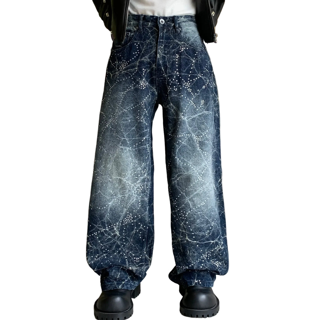 Blue Lightning Wash w/ Rhinestones Baggy Jeans